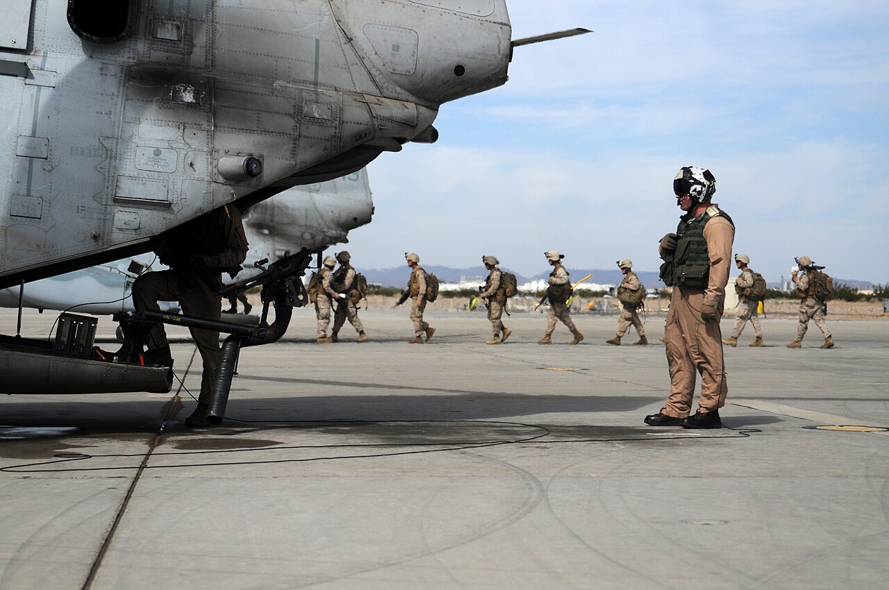 Marines boarding CH-46E Sea Knights at Marine Corps Air Station Yuma